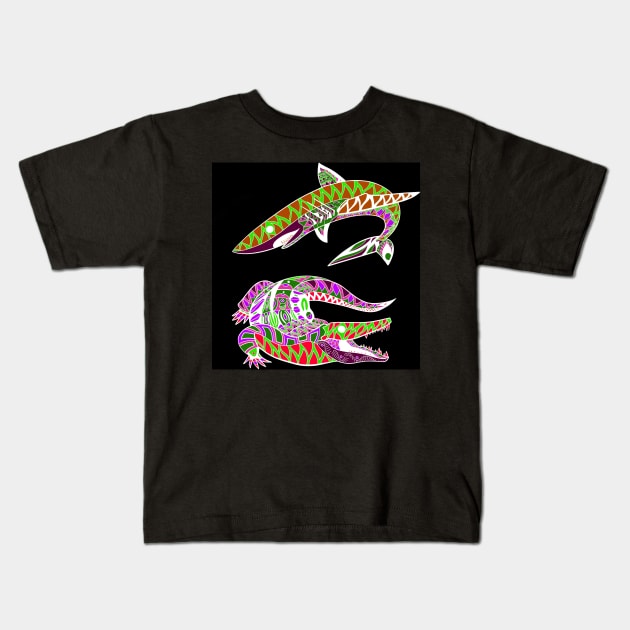 shark and alligator attack ecopop tribal totonac pattern art Kids T-Shirt by jorge_lebeau